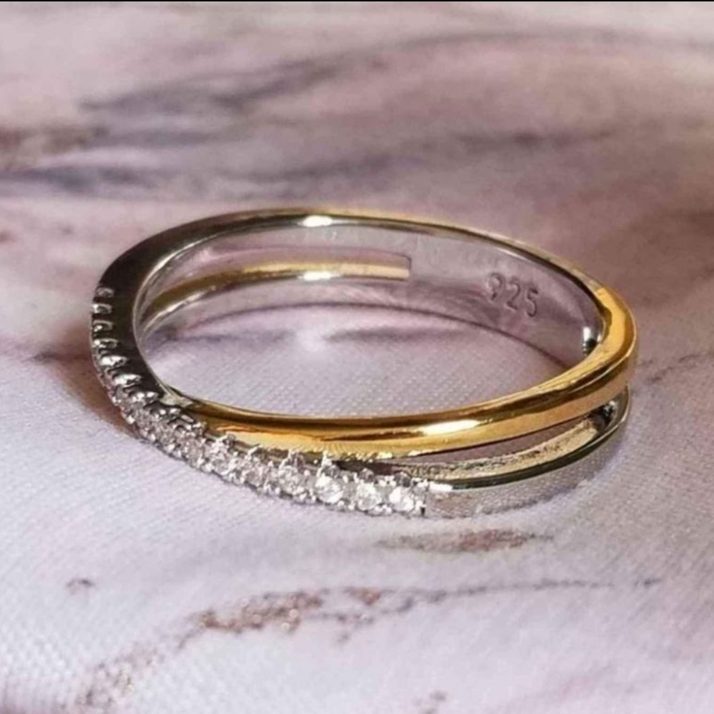 New 18K Gold Plated & 925 Silver Diamond Two Tone Band Ring for Women